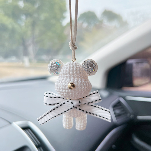 Gypsum Embroidered Diamond Fuzzy Bear Car Ornament Cute Plush Toy with Bow Tying, Car Interior Decoration Accessory Cute