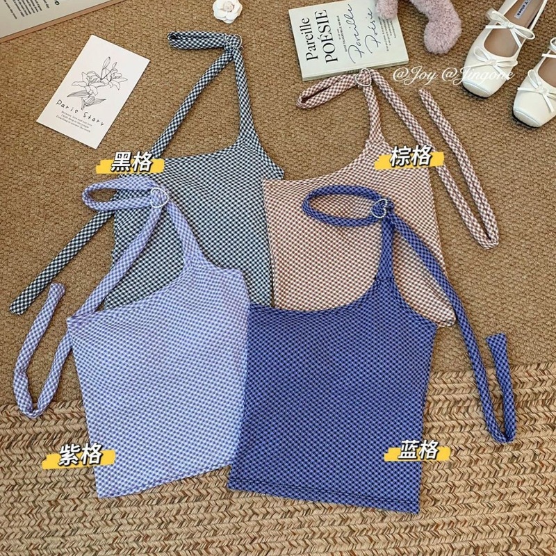 66003#甜辣妹格纹挂脖吊带背心女带胸垫时髦洋气外穿抹胸露背上衣|undefined
