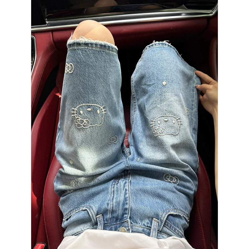American Retro Cartoon Kt Cat Denim Shorts for Women, Summer High-Waisted Wide-Leg Straight Shorts, Five-Point Length Shorts