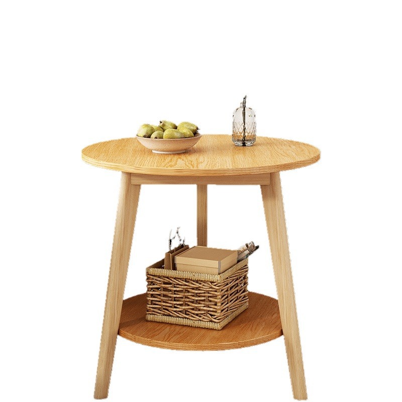 Sofá de la sala de estar pequeña mesa redonda doméstica, estante de cabecera de cama moderno y minimalista, mesa de té creativa con balcón