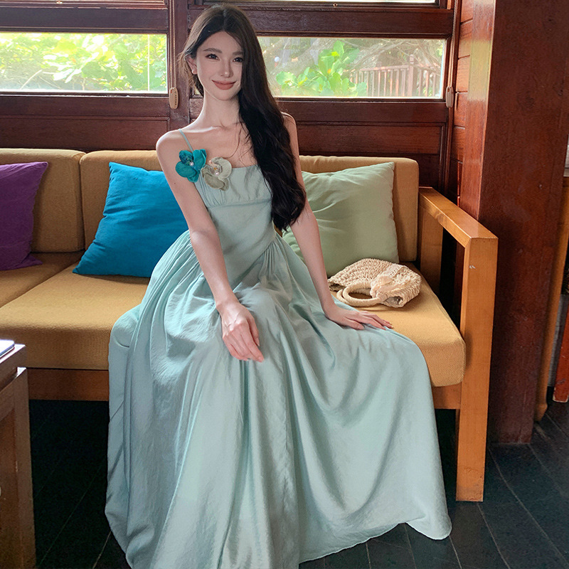 Blue-green Big-pendulum Elegant dress Fairy Vacation Slimming High-end Long Dress to Ankle Super Long Gentle Style