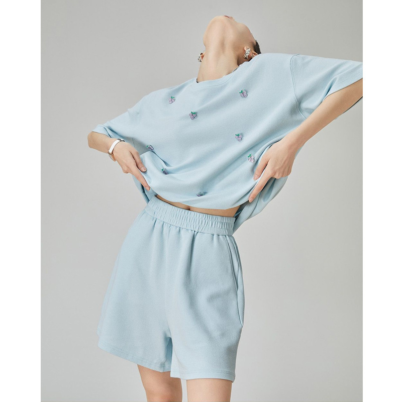 Baby Blue Grape Beaded Casual Sports Suit Women's Summer 2025 New Shorts T-Shirt Two-Piece Set Trendy