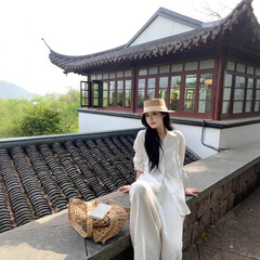 白色衬衫休闲套装女夏季新款宽松亚麻防晒衬衣时尚阔腿长裤两件套