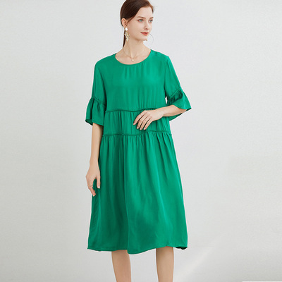 速卖通爆款2021纯色欧美气质通勤连衣裙大摆型圆领胖MM裙大码女装|ru
