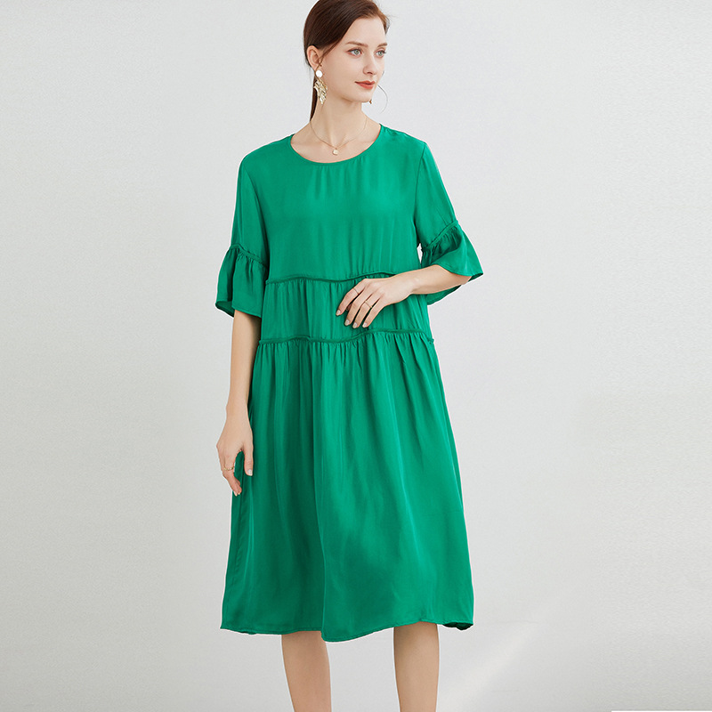 速卖通爆款2021纯色欧美气质通勤连衣裙大摆型圆领胖MM裙大码女装|ru