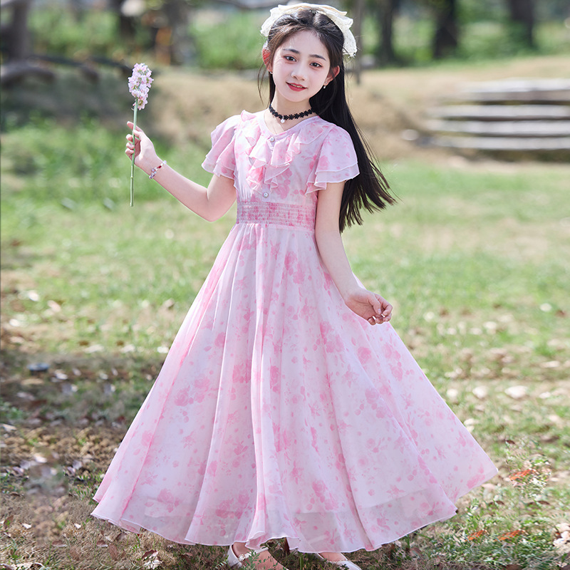 Girls Dress 2025 New Summer Chiffon Floral Style Thin Medium and Large Children's Long Skirt Princess Style Skirt Summer
