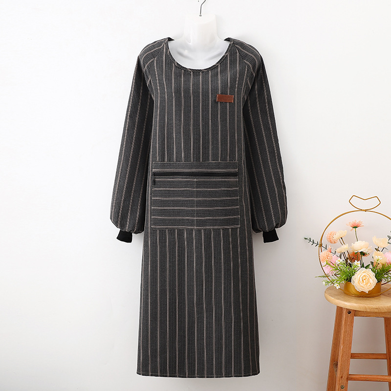 Extra-long Vertical Striped Large Pocket Apron For Kitchen Cooking, Women's Anti-stain Long-sleeve Apron, Adult_voghion.com