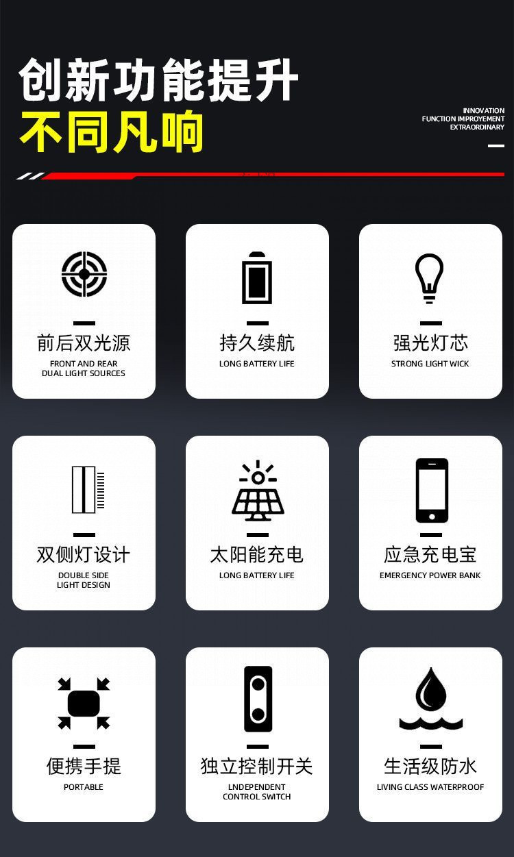 Solar-powered flashlight with multi-functional lighting, dual-head strong light, suitable for night market stalls, side light for wide-area home use, and patrol searchlight