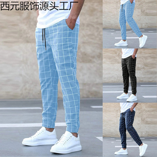 New European and American Streetwear Plaid Casual Trousers Fashionable Ripped Pants with Drawstring Wholesale