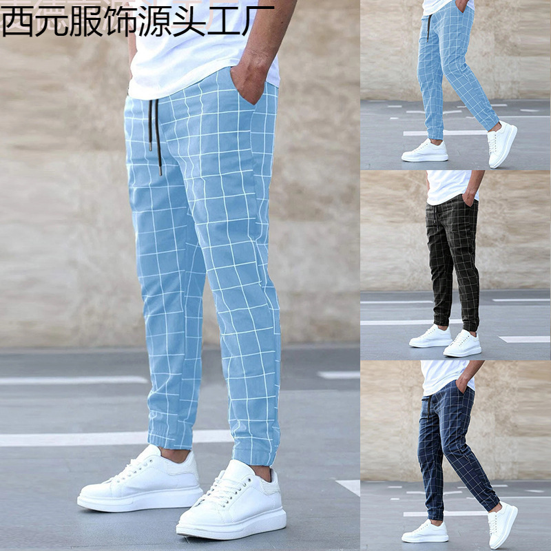 2026 New Cross-Border European and American Amazon Street Fashion Plaid Casual Pants Stylish Ripped Pants Drawstring Pants Wholesale
