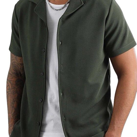 2025 cross-border European and American men's daily casual short sleeve cardigan shirt men's suit solid color summer lapel shirt