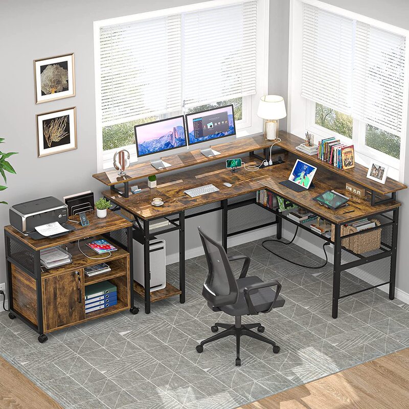 Popular Reversible Desk with Monitor Stand, Study Table with Led Light and Power Socket, L-Shaped Computer Desk