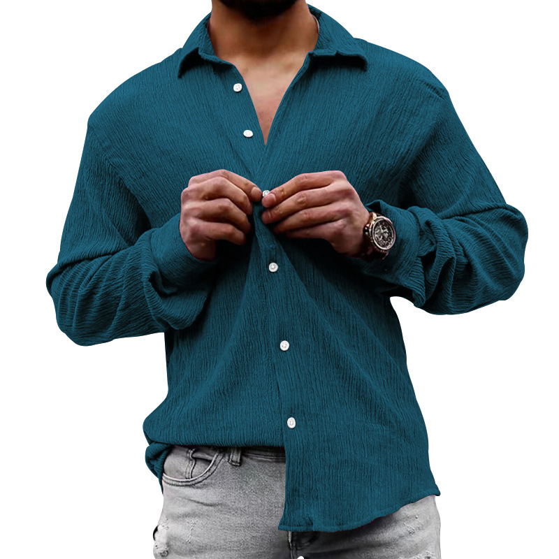 2023 Amazon camisa de manga larga de los hombres de primavera y otoño suelta más tamaño de la burbuja de tela de color sólido solapa camisa casual hombres