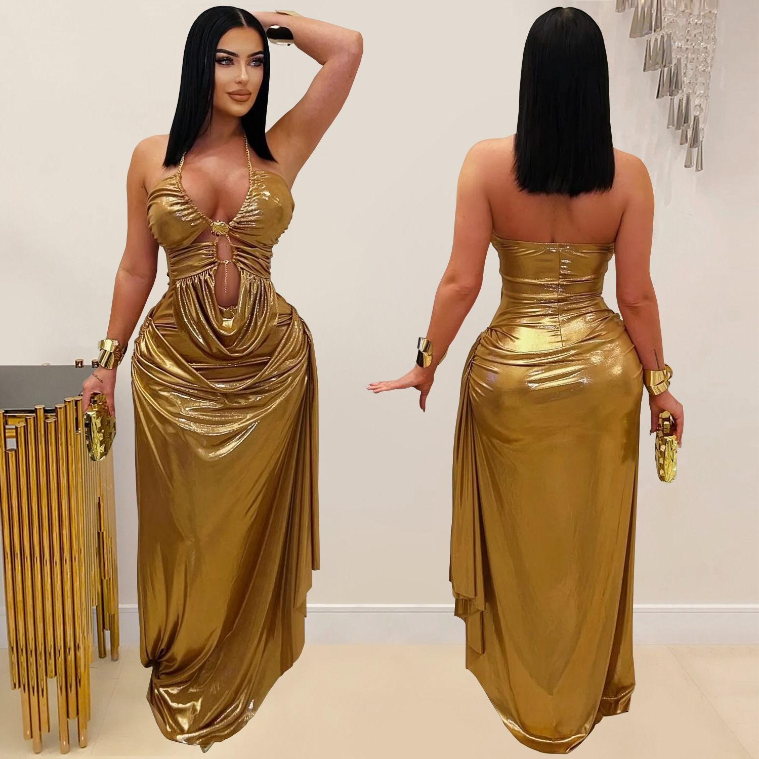 C7491 Aliexpress transfronterizo amazon ropa de moda europea y americana sexy cuello colgante chaîne de oro plegado vestido de brazo