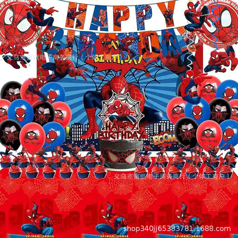 Spider-Man themed birthday party set for boys superhero banner balloon backdrop cake topper decoration Spider-Man themed birthday party set for boys superhero banner balloon backdrop cake topper decoration