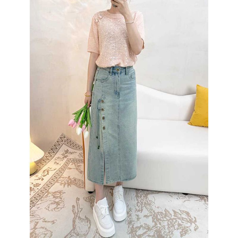 Retro summer long denim skirt