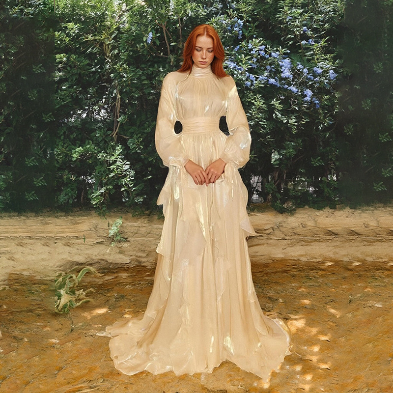 Palace-Style Socialite Ball Long Solid Color Stand-Up Collar Dress 2026 Spring New Ruffled Dress