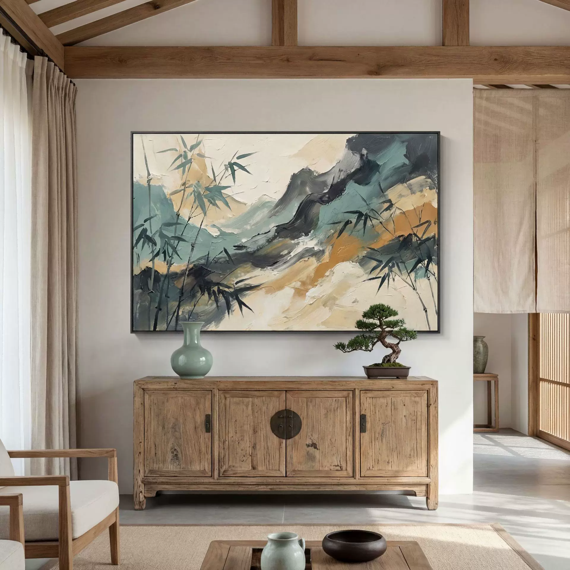 新中式抽象山水油画 竹林叠翠肌理装饰画酒店民宿客厅背景墙定制