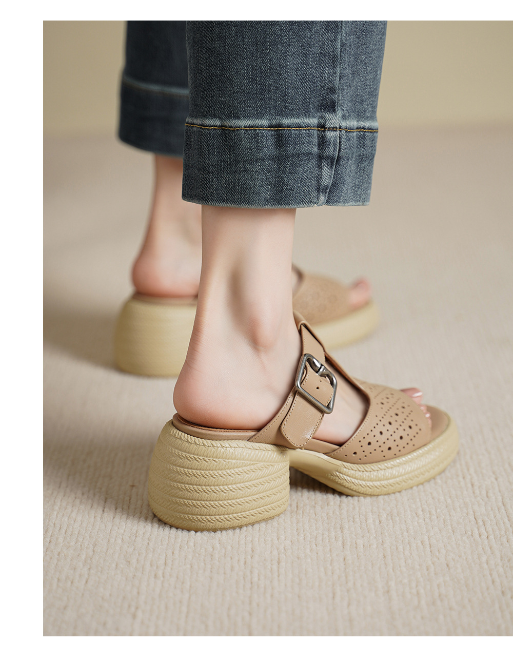Sandal nữ da bò cao gót quai chữ T đế dày — đen chi tiết 8
