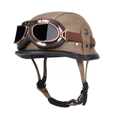 Motosiklet dəbilqələri — Leather Helmet, Retro Half Helmet - m55-56-brown-brown-copper-mirror-limited-time-carnival