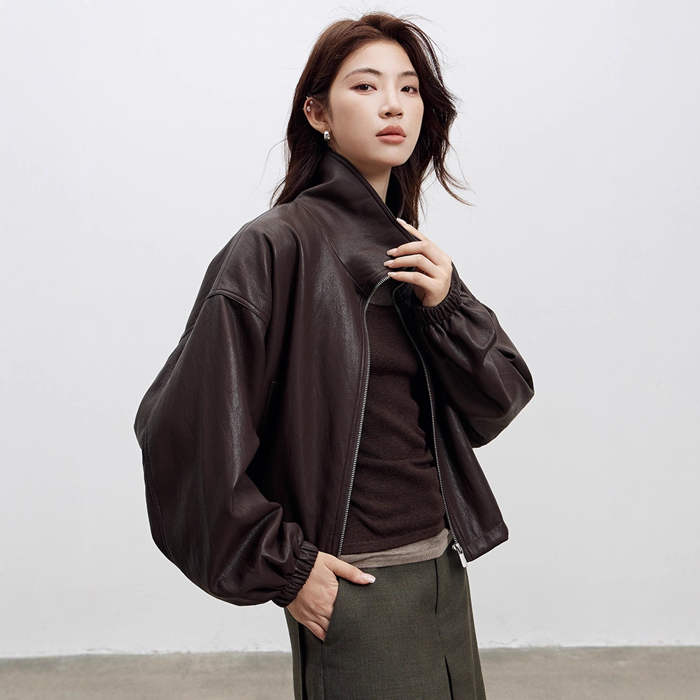 [Modern Girl] American-Style Stand-Collar Short Leather Jacket for Women, New Spring 2026 Fashion Small-Sized Leather Jacket