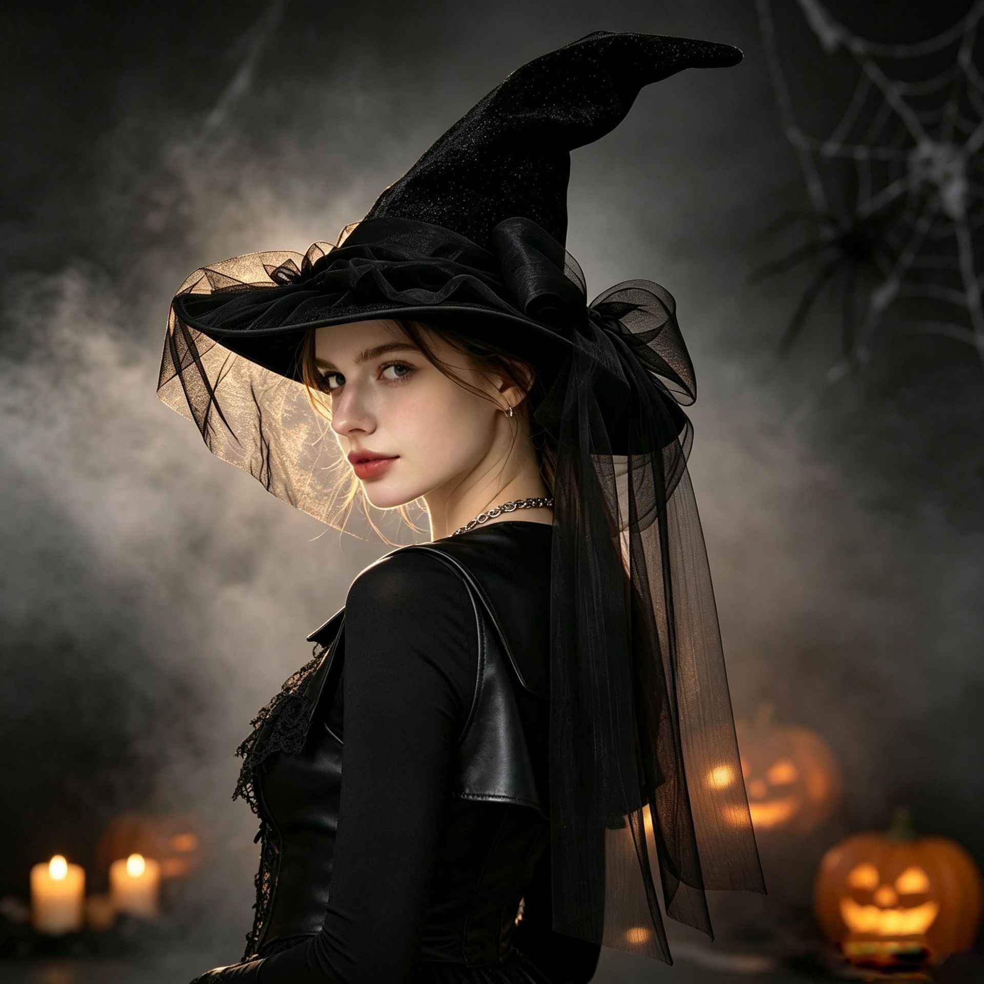 New Halloween witch hat with black gauze bow decoration, forest-style vintage design, face-covering mesh, and curved corners