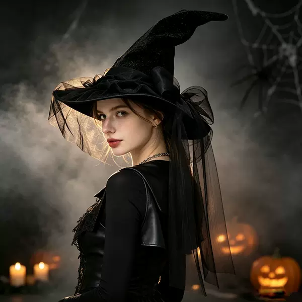 New Halloween witch hat with black gauze bow decoration, forest-style vintage design, face-covering mesh, and curved corners