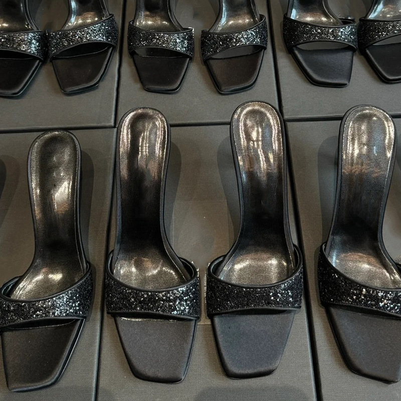 Zhou Ziran's Same Style Open Toe Sandals 2025 Summer New Half Slippers Sequin High-heeled Shoes Fish-toe Sandals Women's Stiletto Heels