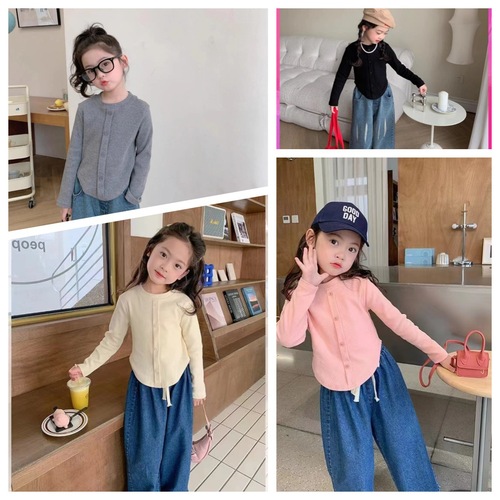 Sweet Long-Sleeve T-Shirt for Girls, 24-Count Knit Base Layer, Children's Ribbed Elastic Top with Buttons – Perfect for Keeping Warm