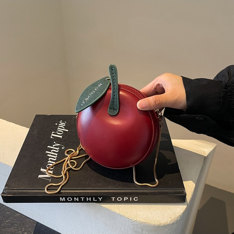 夏季小清新可爱苹果女士小圆包2024新款小众链条迷你纯色斜挎包潮