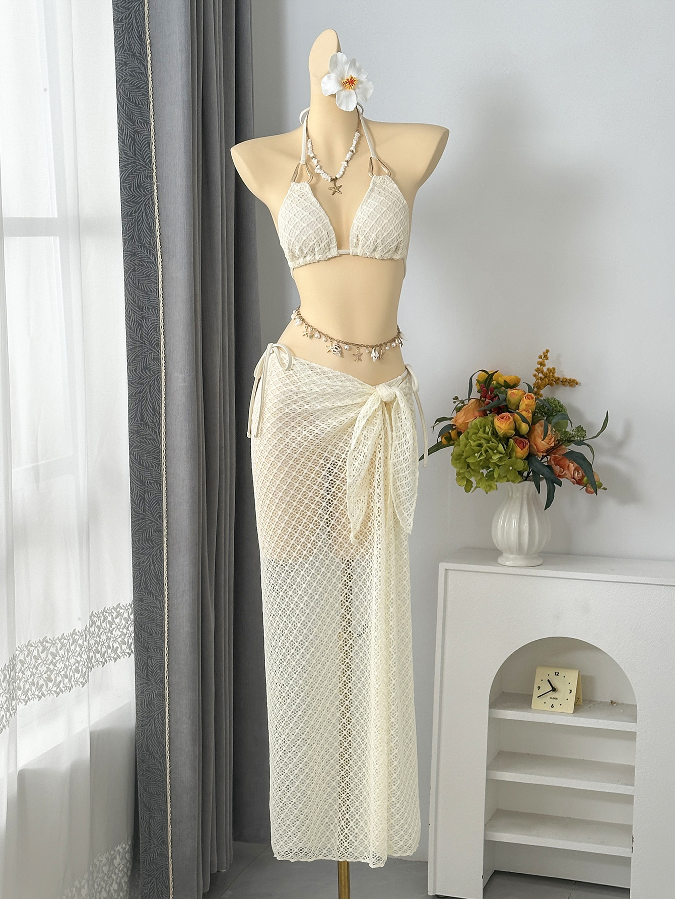Women's Clothing Style Three Piece Swimsuit Metal Halter Neck Tie Mesh Skirt Bikini For Beach Vacation For Formal & Casual For Women_ecoleips.com
