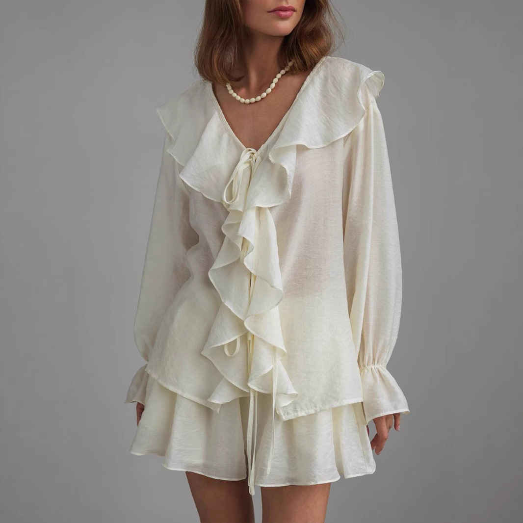 Women's French V Neck Ruffled Shirt And Shorts Set European American Style Summer Tie Front Clothing_ecoleips.com