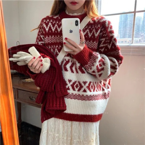 Autumn/Winter Red Christmas Chic Petite Women's Retro Loose Outerwear Lazy Style Knit Top
