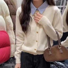 欧货气质百搭polo领新款长袖开衫别致小众假两件拼接设计感针织衫