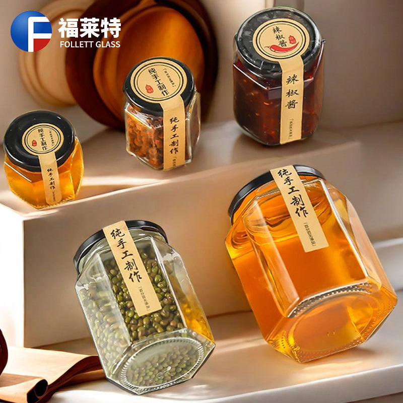 厂家批发380ML玻璃六棱蜂蜜瓶透明酱菜瓶密封果酱瓶500克蜂蜜瓶子