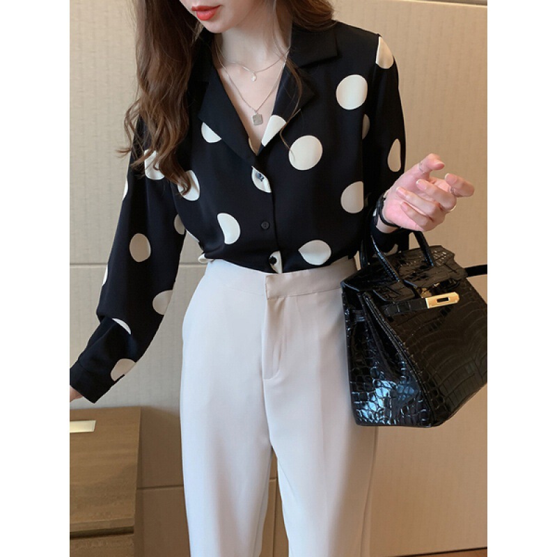 Polo Dot Shirt Women's 2023 Spring Hong Kong Style Retro Top Design Sense Niche Light Mature Chiffon Shirt Base Shirt Trendy