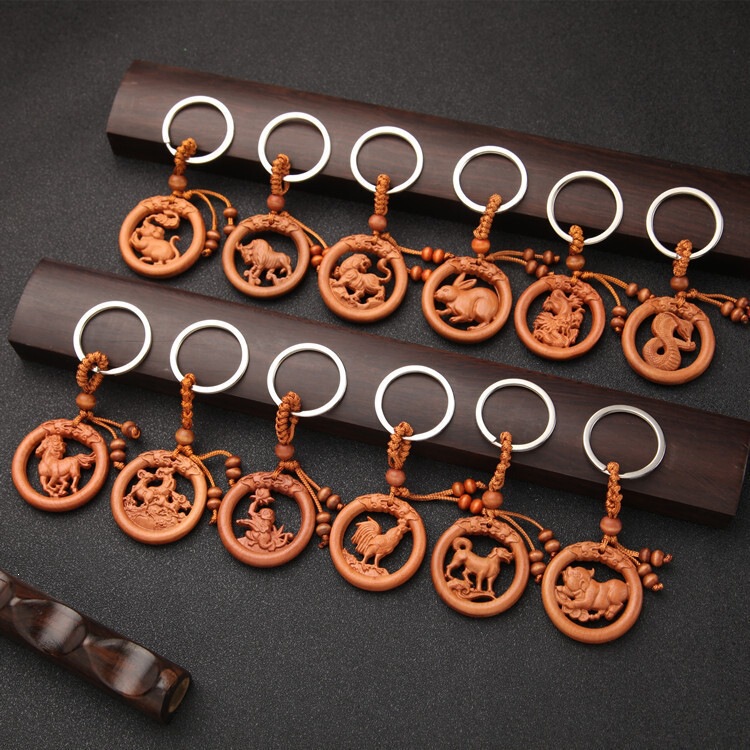 Twelve Zodiac Signs Peach Wood Keychain, Double-Sided Engraved Twelve Zodiac Guardian God Pendant, Car Key Chain Accessory