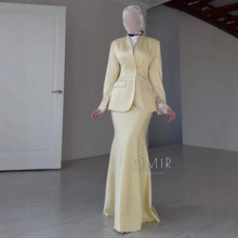 亚马逊中东迪拜欧码新款女长袖开叉快袖收腰西服包臀裙缎面套装女