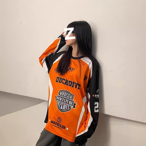 American style patchwork crew neck street print loose long sleeve T-shirt for women, mesh dance top