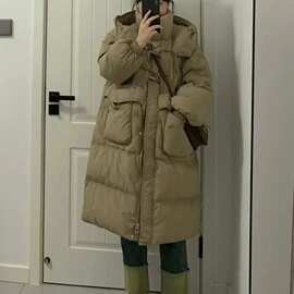 韩版宽松棉服女大码长款过膝连帽棉衣冬季新款胖mm收腰加厚面包服