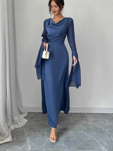 Elegant temperament, split long-sleeved, long dress, new hot style, fashionable, slim dress
