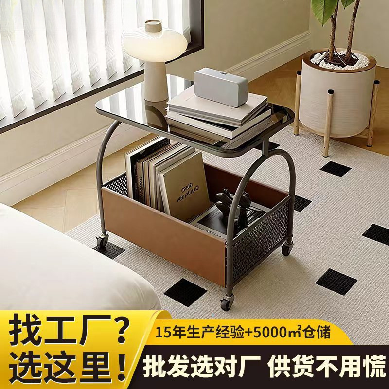 Coffee Table Small Household Tea Table Bedroom Bedside Table Balcony Small Table with Wheels Glass Side Table Living Room Storage Rack