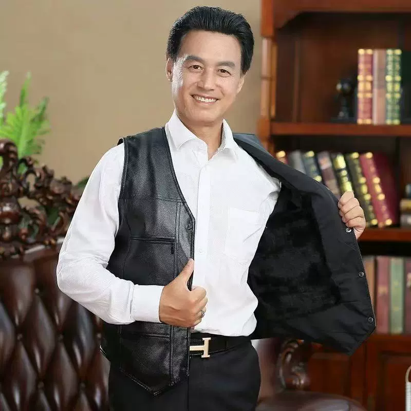 跨境秋冬多口袋加绒皮马甲中老年男士保暖皮坎肩直播源头工厂批发