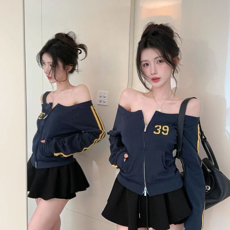 American Hot Girl Style One-Shoulder Zipper Cardigan Sweatshirt for Women Spring & Fall Short Slim Off-Shoulder Long-Sleeved Jacket Top Trendy American Hot Girl Style One-Shoulder Zipper Cardigan Sweatshirt for Women Spring & Fall Short Slim Off-Shoulder Long-Sleeved Jacket Top Trendy