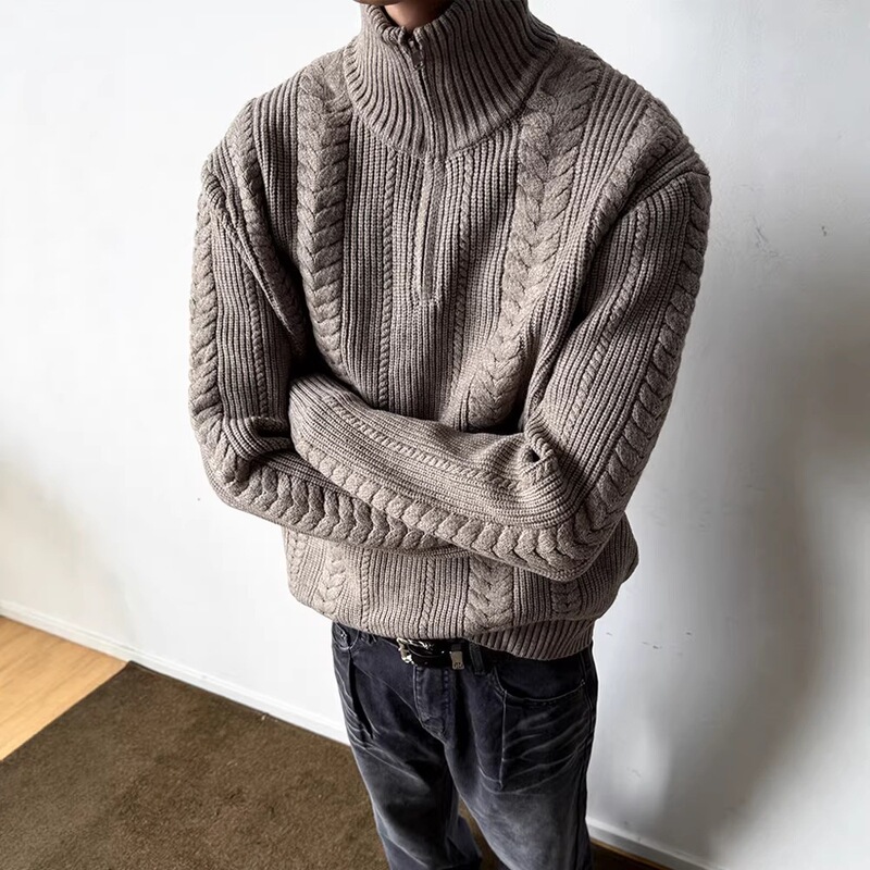 Heavyweight wheat-knot cable knit half-zip stand-up collar sweater for men, new autumn and winter textured couple's knitwear for men and women