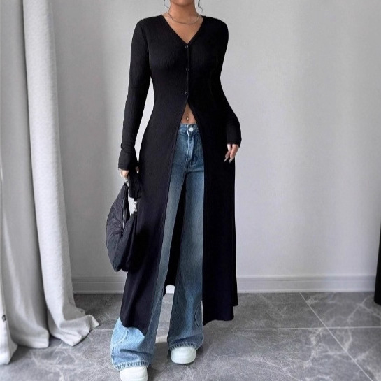 2025 Autumn European and American Cross-Border Amazon New Long Button Cardigan Long Sleeve Slim Solid Color Slimming Top for Women