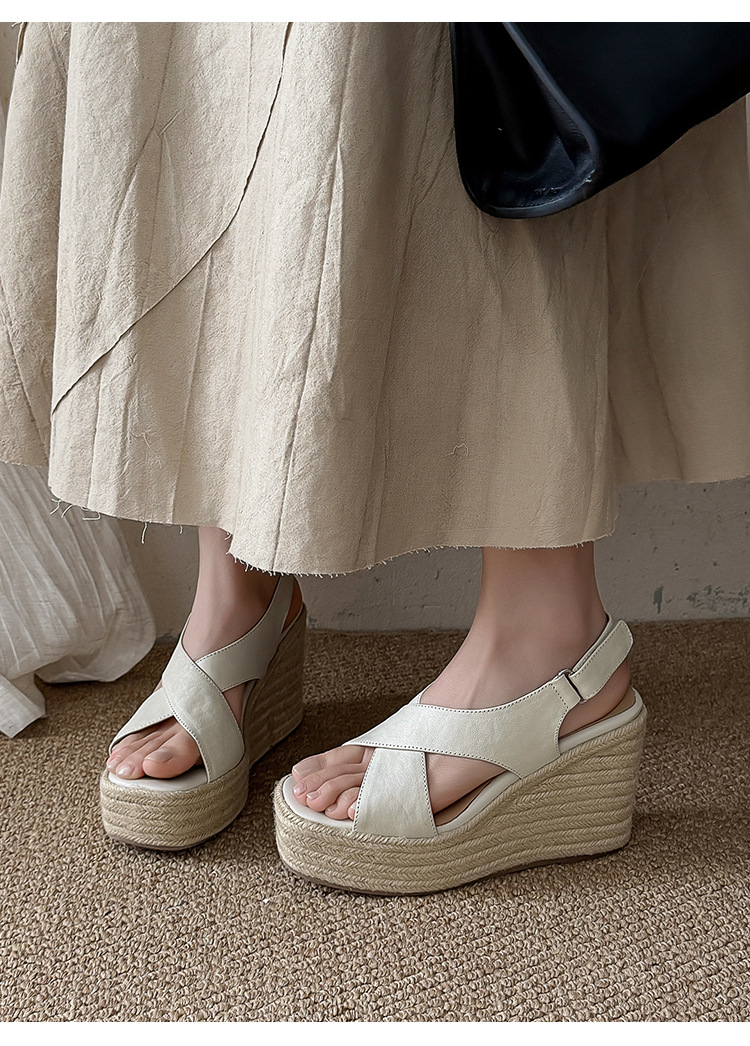 Sandal cao gót nữ hở mũi phong cách Pháp quai chéo da bò, đế xuồng cao gót 9 cm, đế platform 3 cm — màu nâu, màu đen, màu trắng ngà chi tiết 17