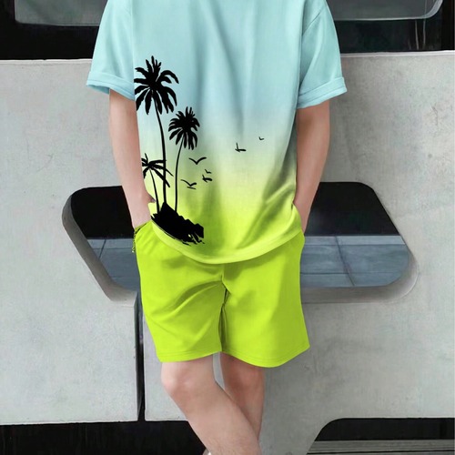 TEMU Summer 3D Print T-shirt and Short Set for Men, Gradient Coconut Tree Pattern Casual Trendy