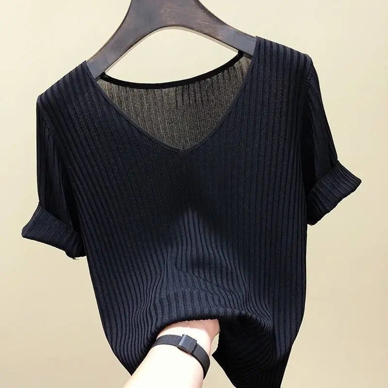 Ice Silk 2024 Spring and Summer New Knitwear Women's Korean Style Slim Bottoming Pure Color V Neck Short-Sleeved T-Shirt Women's Top Trbottomy