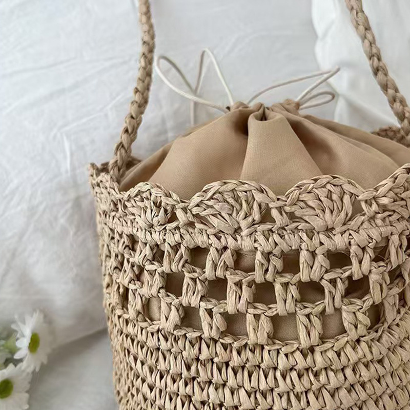 Handmade Rattan Shoulder Bag With Leather Trim Woven Basket Bag_voghion.com